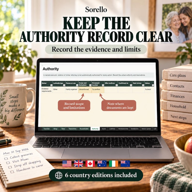 May include: A laptop displaying a digital authority record tracker with the text KEEP THE AUTHORITY RECORD CLEAR. The screen shows a table for recording evidence, scope, and limitations. A notepad with a to-do list and a mug are on the desk.