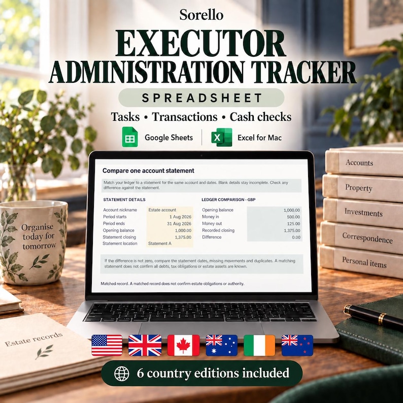 May include: A digital executor administration tracker spreadsheet displayed on a laptop screen. The interface shows statement details and ledger comparisons in GBP. The graphic includes text for Google Sheets and Excel for Mac, plus six country flags.