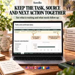 May include: A laptop screen displaying a task management interface with the text KEEP THE TASK, SOURCE AND NEXT ACTION TOGETHER. The screen shows a table titled Tasks and confirmed dates, an Executor administration section, and a bar chart.