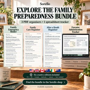 May include: A digital Sorello family preparedness bundle featuring three PDF organizers and one spreadsheet tracker. The set includes a Family Emergency Binder, Family Care Organiser, After a Death Organiser, and an Executor Administration Tracker, with six country editions available including the US, UK, Canada, Australia, Ireland, and New Zealand.