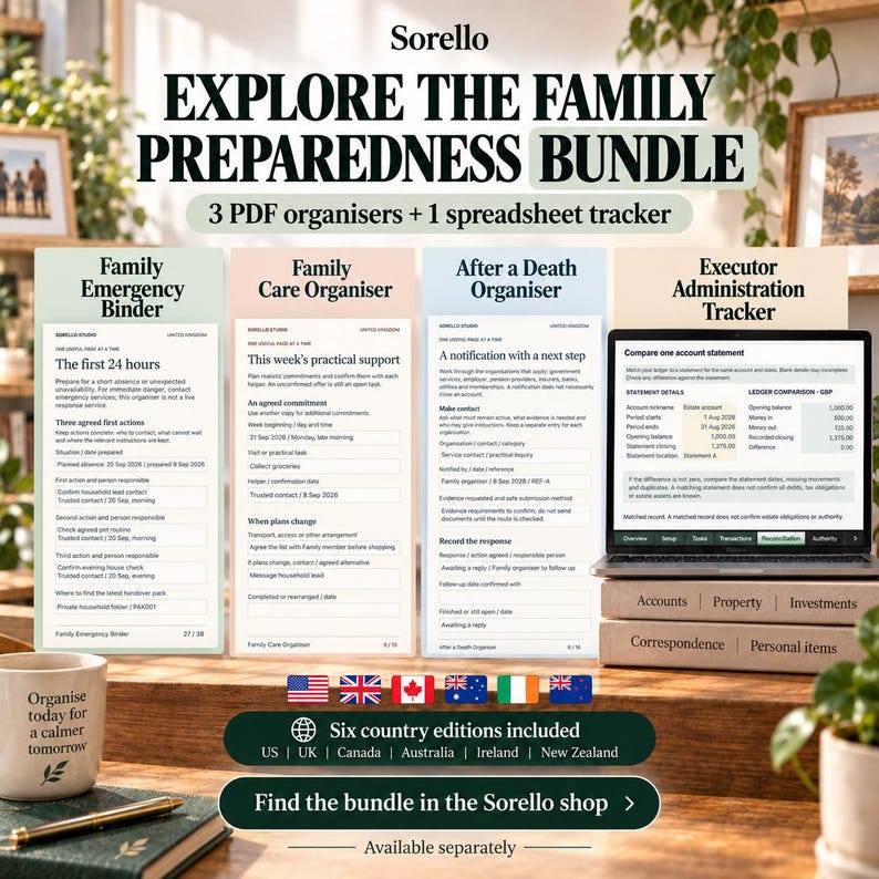 May include: A digital Sorello family preparedness bundle featuring three PDF organizers and one spreadsheet tracker. The set includes a Family Emergency Binder, Family Care Organiser, After a Death Organiser, and an Executor Administration Tracker, with six country editions available including the US, UK, Canada, Australia, Ireland, and New Zealand.