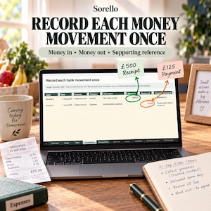 May include: A laptop screen displays a financial ledger spreadsheet titled Record each bank movement once. Sticky notes labeled &pound;500 Receipt and &pound;125 Payment point to specific cells. A grocery receipt and a notebook with handwritten notes sit nearby.