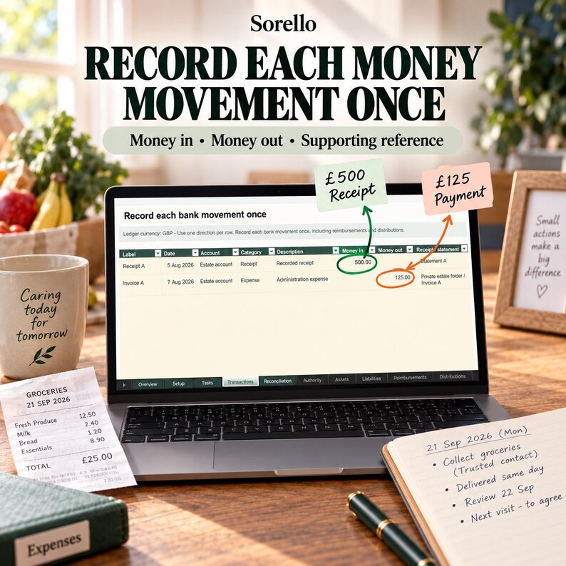 May include: A laptop screen displays a financial ledger spreadsheet titled Record each bank movement once. Sticky notes labeled &pound;500 Receipt and &pound;125 Payment point to specific cells. A grocery receipt and a notebook with handwritten notes sit nearby.