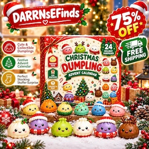 May include: A Christmas Dumpling advent calendar box featuring 24 holiday surprises. The box displays colorful, cartoon-style dumpling characters with festive accessories like Santa hats and reindeer antlers, alongside a central Christmas tree graphic.