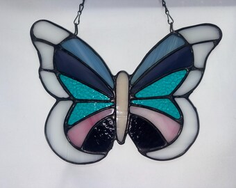Handmade Vintage Spectrum Glass Butterfly | Blue, Teal & Pink Stained Glass Suncatcher