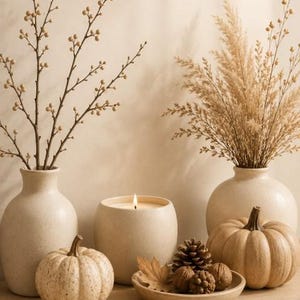 May include: Two beige ceramic vases, one containing thin branches with small round buds and the other holding dried feathery grasses. A lit candle in a beige ceramic holder, two small beige pumpkins, and a shallow bowl with pinecones and leaves.