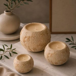 May include: Three spherical candles in textured, beige, stone-like containers of varying sizes. Each candle features a smooth, light-colored wax surface with a single centered wick. The exterior of the vessels has a rough, mottled finish.
