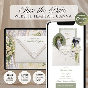 Puede incluir: Una plantilla de sitio web Canva editable para un anuncio de Save the Date. El diseño presenta un gráfico de sobre con borde de encaje, un sello de cera y marcos de fotos. El texto incluye Save the Date, Charlotte & James, 25 June 2023 y The Pierre Hotel.