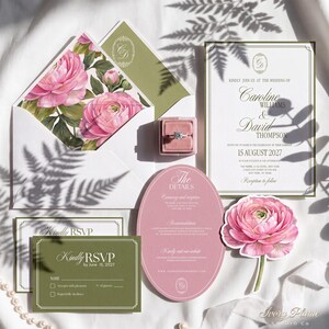 Ranunculus Wedding Invitation Bundle, Elegant Pink & Green Floral Wedding Template, Luxury DIY Editable Suite (Canva, Instant Download)