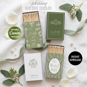 Modèle Canva de boîte d'allumettes verte pour mariage, cadeau pour les demoiselles d'honneur, thème cygne, style classique, assortie, cadeau personnalisé à télécharger