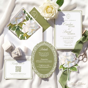 May include: A wedding stationery set featuring an invitation, RSVP card with QR code, and details card with ornate borders. Includes a white envelope with floral lining, a ring box with a diamond ring, a white rose, and green silk ribbon.
