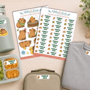 Puede incluir: Una colección de etiquetas personalizadas con ilustraciones de capibaras, que incluye dos hojas de pegatinas con el texto Abby & Evie Sticker Co., y etiquetas individuales aplicadas en una botella de agua, un recipiente de comida, un bolso y una camiseta gris.