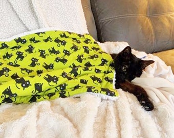 Black Cat Blanket Cotton and Soft Sherpa  Black Cats Optional Personalization  Free Catnip Toy