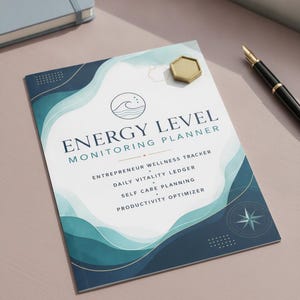 May include: A rectangular planner with a white center and dark blue and teal wavy borders. The text reads: ENERGY LEVEL MONITORING PLANNER, ENTREPRENEUR WELLNESS TRACKER, DAILY VITALITY LEDGER, SELF CARE PLANNING, PRODUCTIVITY OPTIMIZER. Includes a wave icon.