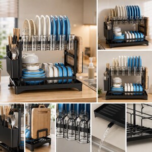 Op de afbeelding: Een zwart metalen afdruiprek met twee niveaus, voorzien van een bestekhouder, een gleuf voor een houten snijplank en een lekbak. Het rek bevat witte en blauwe borden, kommen en doorzichtige glazen.