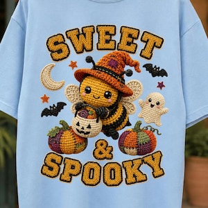 Sött och läskigt bi PNG, virkad Halloween-häxa sublimering, söt spökpumpa-skjortadesign, lapptäcke höst digital nedladdning