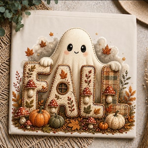 May include: A square fabric panel featuring a cream-coloured ghost with a smiling face holding large, textured letters that spell the word FALL. The letters are decorated with red-capped mushrooms, orange and green pumpkins, and autumn leaves.