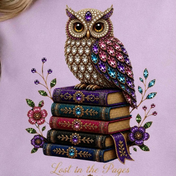 宝石をちりばめたフクロウが本の上にいるPNG画像、ページに夢中、読書好きへのギフト（デジタルダウンロード）