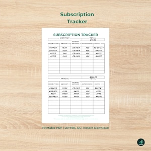 Subscription Tracker Printable | Monthly & Annual Subscription Organizer | Recurring Expense Tracker | Fillable PDF | Digital Download