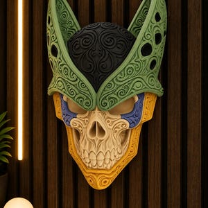 May include: A wall-mounted decorative mask featuring a stylized skull design. The top section is light green with black circular accents and intricate scrollwork. The center is black, while the lower jaw is cream-colored with yellow trim.