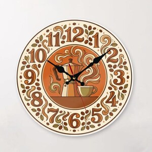 May include: A round wall clock featuring a central illustration of a moka pot and a coffee cup with swirling steam. The clock face is decorated with brown and cream coffee bean motifs and large numerals from one to twelve in a circular pattern.