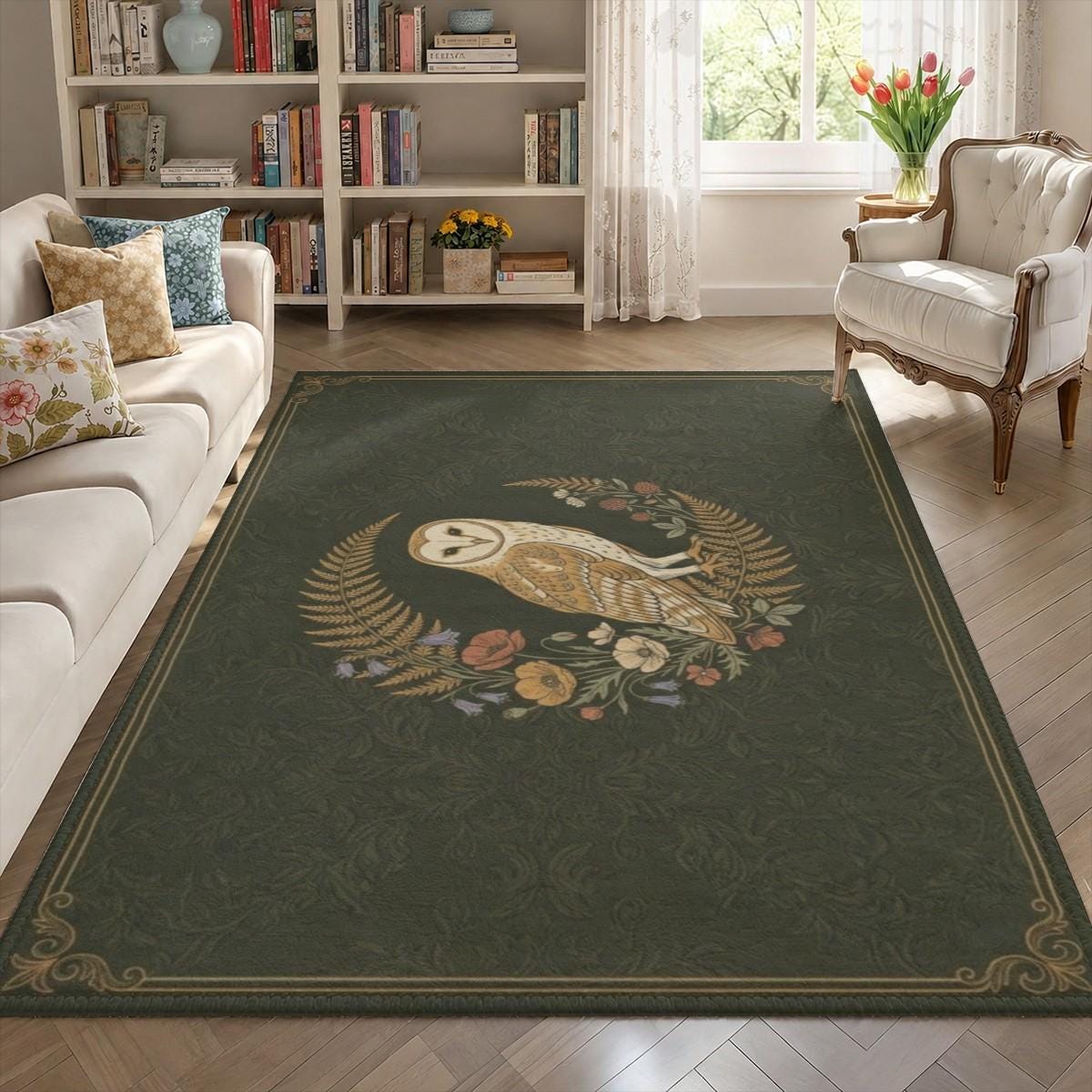 Moody Olive Green Barn Owl Area Rug - Cottagecore Owl Wreath Carpet, Vintage Botanical Bird Rug, Dar