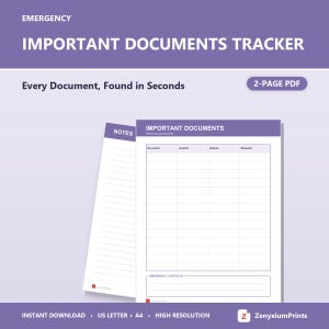 Emergency Important Documents Tracker Printable, Document Organizer, Important Documents | Instant Download PDF, US Letter + A4