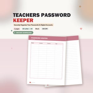 Könnte beinhalten: Eine digitale Passwort-Verwaltungsvorlage für Lehrkräfte mit einem blassrosa Kopfbereich und dem Text PASSWORD KEEPER. Das Dokument enthält Spalten für Website, Benutzername, Passwort und Notizen sowie eine zweite Seite mit Linien.