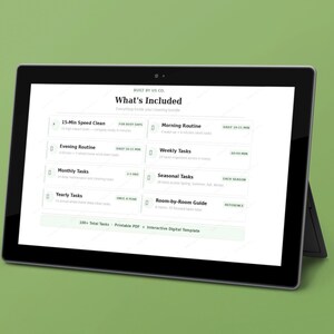 May include: A black tablet displaying a digital cleaning bundle guide titled What's Included. The screen lists categories such as 15-Min Speed Clean, Morning Routine, Evening Routine, Weekly Tasks, Monthly Tasks, Seasonal Tasks, Yearly Tasks, and Room-by-Room Guide.