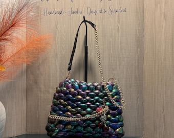 The Mystical Breeze - Handmade Metallic Multicolor Crochet Purse with Signature Charm Accents, Crossbody Styling Strap (UP26-007)