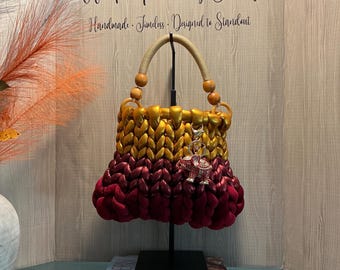 The Golden Harvest - Handcrafted Red Velvet, Red and Gold Metallic Crochet Purse,  Signature Charm Accents, Wood woven Strap (UP26-032)