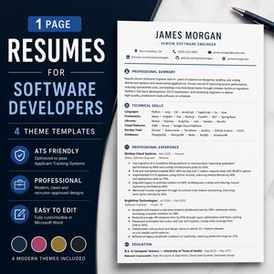 Op de afbeelding: Een digitaal cv-sjabloon voor softwareontwikkelaars met een strakke witte lay-out en blauwe tekstkoppen. Het document bevat secties voor professionele samenvatting, technische vaardigheden, ervaring en opleiding, naast een donkerblauwe zijbalk.