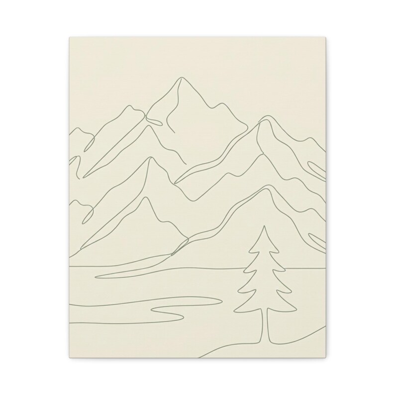 Minimalistisk kanvas med bergslinjer, japanskt naturtryck med salviagrönt tryck, bohemisk neutral inredning bild 11