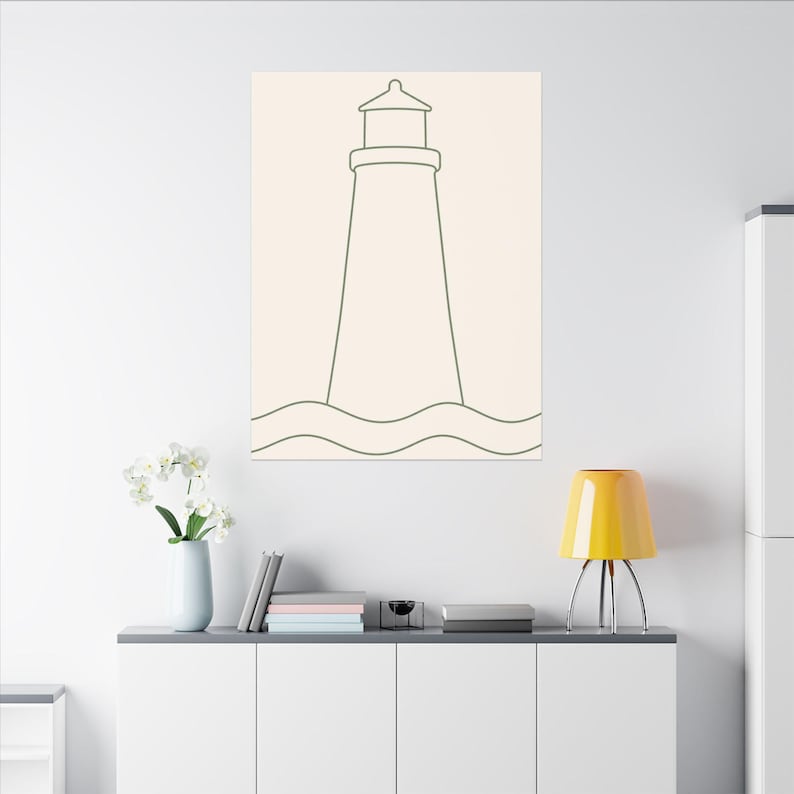 Minimalist Lighthouse Line Art Canvas, Sage Green Coastal Print, Japandi Beach House Decor image 8