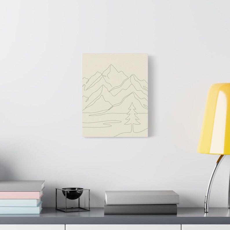 Minimalistisk kanvas med bergslinjer, japanskt naturtryck med salviagrönt tryck, bohemisk neutral inredning bild 8