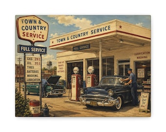 Vintage Gas Station Canvas Art, Retro Full Service Garage Print, Americana Decor