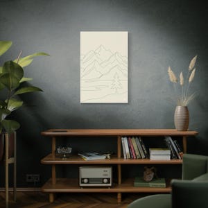 Minimalistisk kanvas med bergslinjer, japanskt naturtryck med salviagrönt tryck, bohemisk neutral inredning bild 20