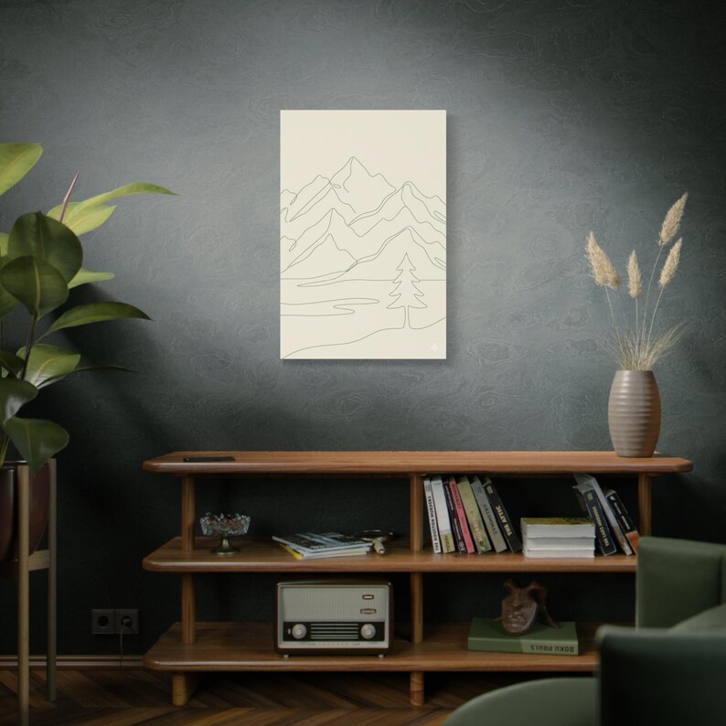 Minimalistisk kanvas med bergslinjer, japanskt naturtryck med salviagrönt tryck, bohemisk neutral inredning bild 20