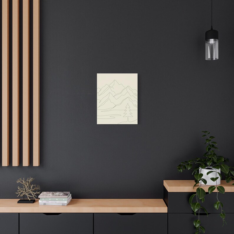 Minimalistisk kanvas med bergslinjer, japanskt naturtryck med salviagrönt tryck, bohemisk neutral inredning bild 14
