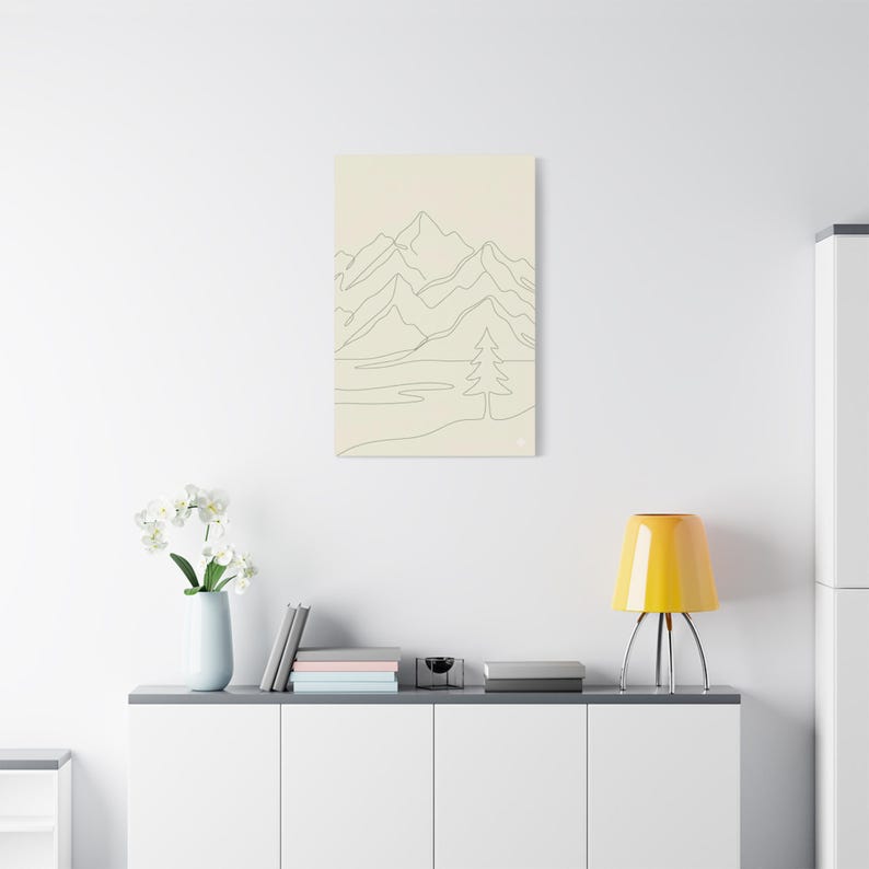 Minimalistisk kanvas med bergslinjer, japanskt naturtryck med salviagrönt tryck, bohemisk neutral inredning bild 18