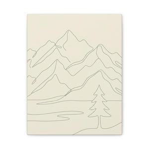 Minimalistisk kanvas med bergslinjer, japanskt naturtryck med salviagrönt tryck, bohemisk neutral inredning bild 6