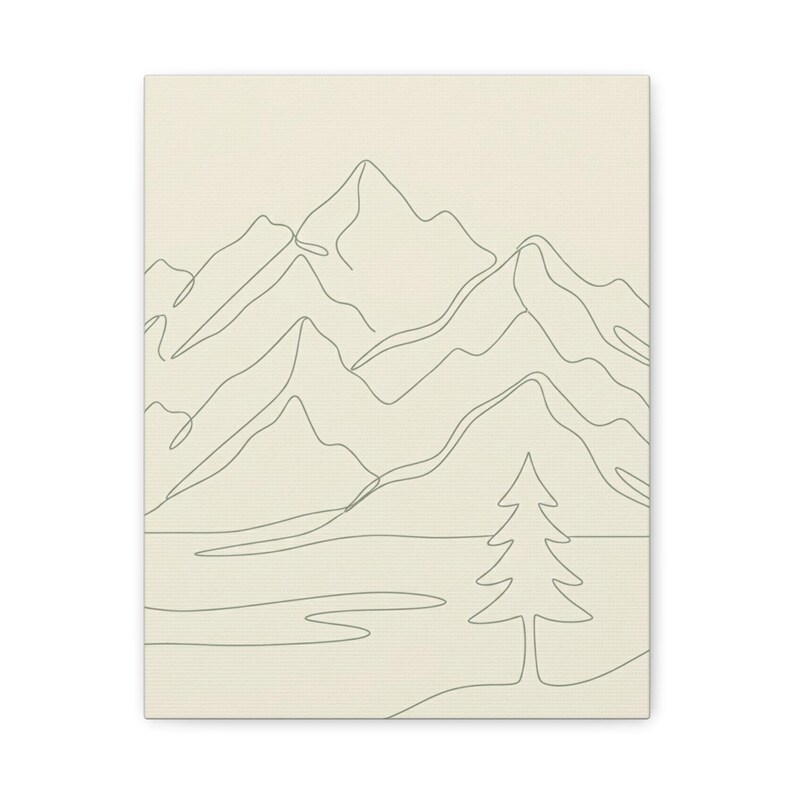 Minimalistisk kanvas med bergslinjer, japanskt naturtryck med salviagrönt tryck, bohemisk neutral inredning bild 6
