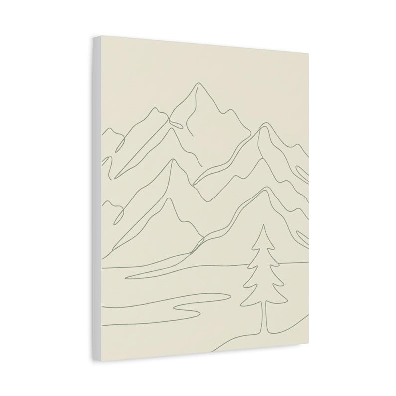 Minimalistisk kanvas med bergslinjer, japanskt naturtryck med salviagrönt tryck, bohemisk neutral inredning bild 12