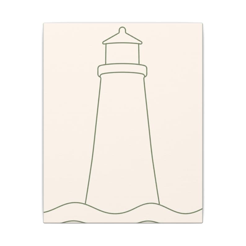 Minimalist Lighthouse Line Art Canvas, Sage Green Coastal Print, Japandi Beach House Decor image 1