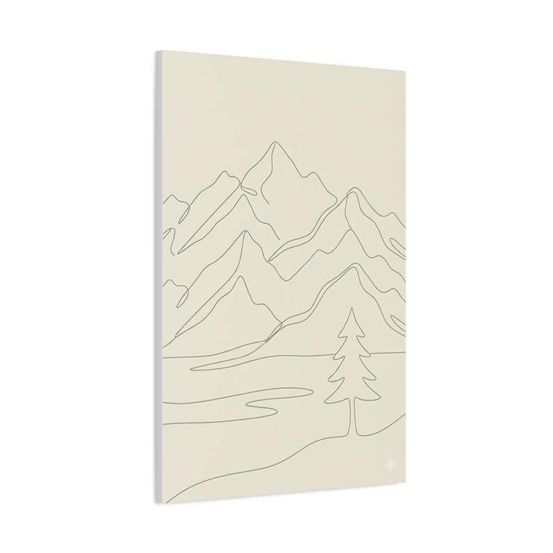 Minimalistisk kanvas med bergslinjer, japanskt naturtryck med salviagrönt tryck, bohemisk neutral inredning bild 17