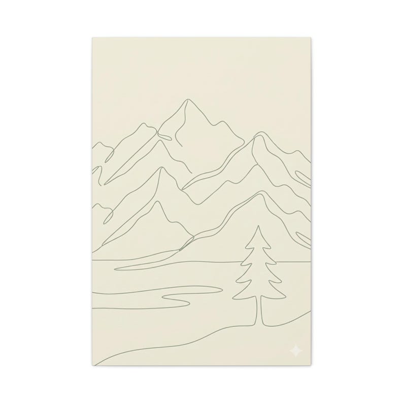Minimalistisk kanvas med bergslinjer, japanskt naturtryck med salviagrönt tryck, bohemisk neutral inredning bild 16