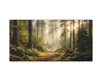 Cuadro de pared en lienzo con diseño de bosque iluminado por el sol, sendero panorámico en el bosque, decoración de paisaje natural.