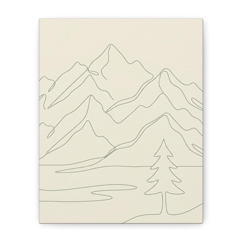 Minimalistisk kanvas med bergslinjer, japanskt naturtryck med salviagrönt tryck, bohemisk neutral inredning bild 1