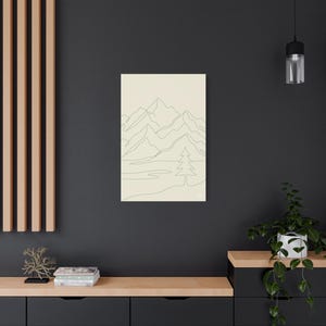 Minimalistisk kanvas med bergslinjer, japanskt naturtryck med salviagrönt tryck, bohemisk neutral inredning bild 19