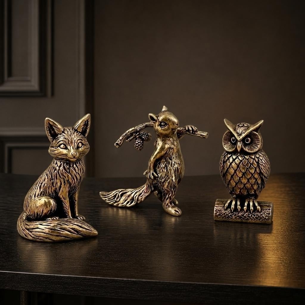 Mini Brass Animal Figurines &ndash; Fox, Owl, Squirrel Statues, Vintage Desk Decor